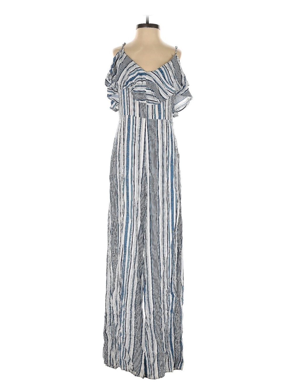 Flying Tomato Blue and White Striped Ruffle Jumpsuit